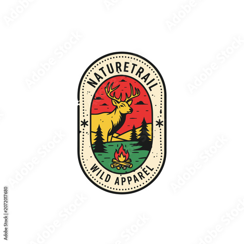 Nature trail logo with deer and campfire.