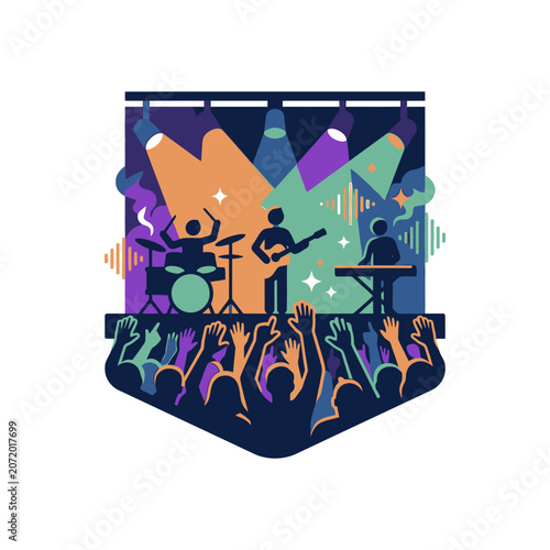 Rock band performing on stage under colorful lights.