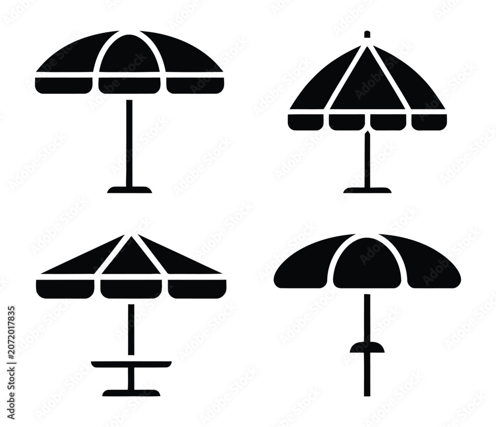 Fototapeta premium Summer beach umbrella icon set vector patio sun shade black