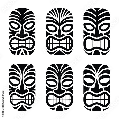 Cuadro en lienzo Tiki mask tribal vector tattoo icon set hawaiian polynesian art