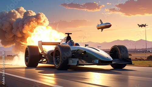 High Speed Formula Car Explodes in Sunset Race Burst