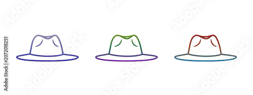Three colorful fedora hats linear vector icons set