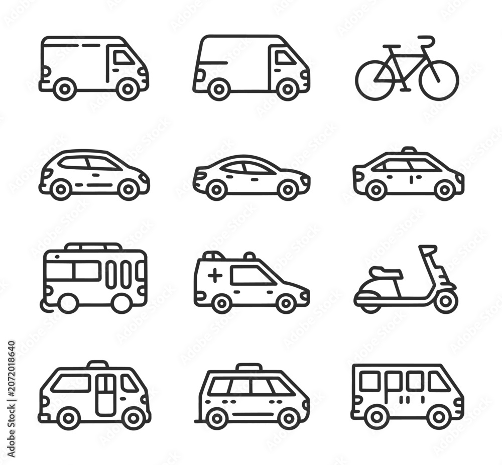 Fototapeta premium Vehicle Transport Line Icon Set Car Bus Taxi Bike Van