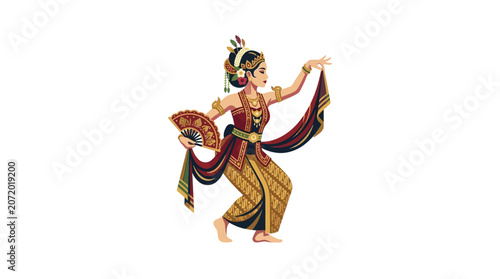 Balinese dancer holding a fan in traditional costume.