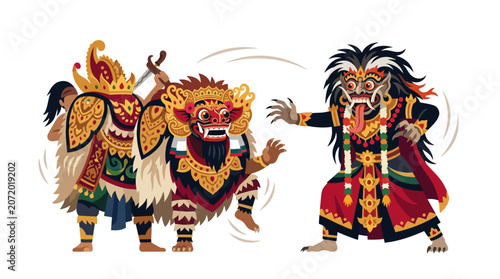 Balinese dance mask figures Barong and Rangda posing