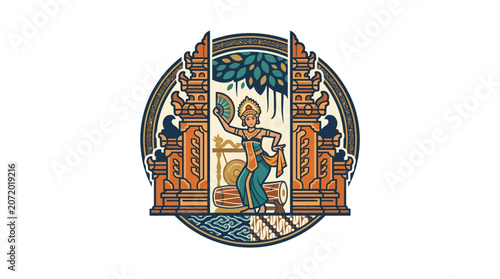 Balinese dancer in front of traditional temple gate.