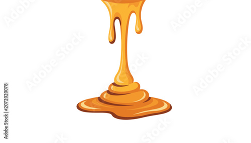 Golden liquid honey or caramel dripping down and forming a puddle on a white background in a clean vector illustration style.