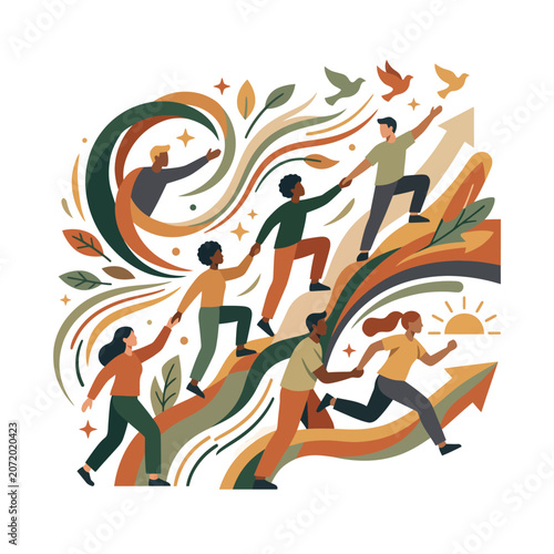 Diverse group of people helping each other climb upward on flowing paths toward progress success and communal growth illustration
