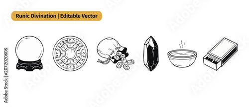 Cuadro en lienzo Runic divination vector symbols set of occult witchcraft elements with a crystal ball, rune stones in a pouch, magic wheel, quartz crystal, water bowl, and matches in minimal black and white line art