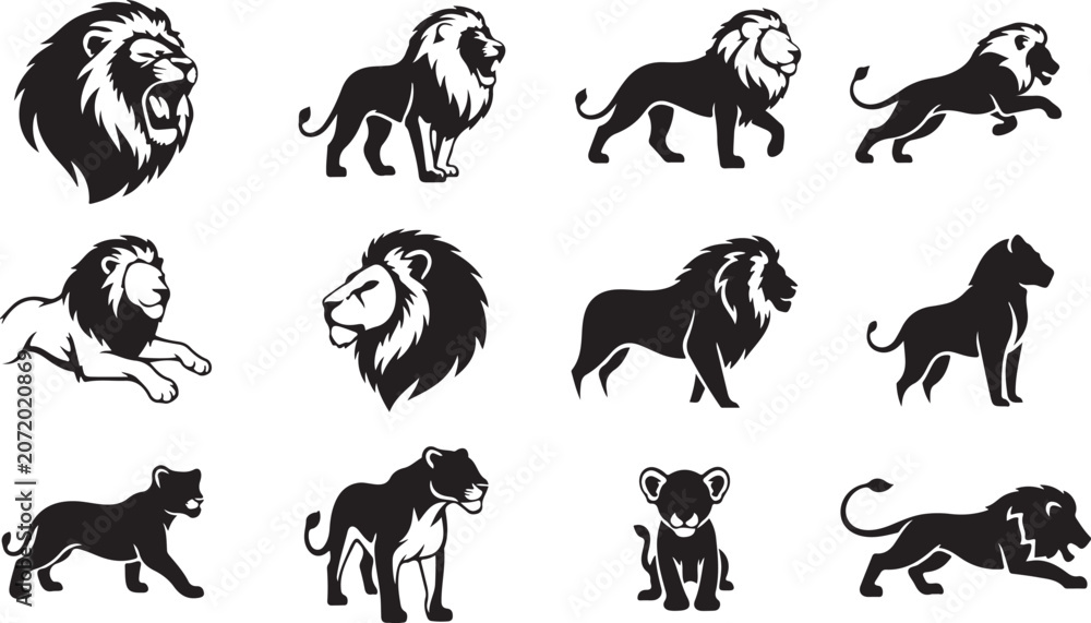 Obraz premium Lion icons, black silhouettes, vector illustrations, animal symbols
