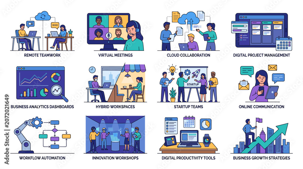 Fototapeta premium Illustrated infographic icons showing modern remote teamwork and business collaboration tools