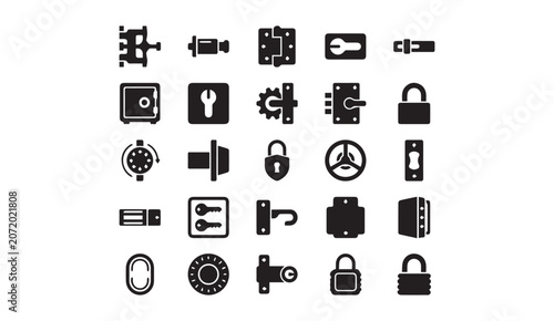 Hardware security and mechanical locking mechanisms icons set with security