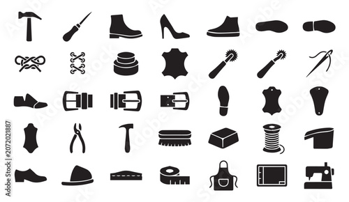 Bild auf Leinwand Set of shoe repair and leatherworking tools and accessories icons with footwear