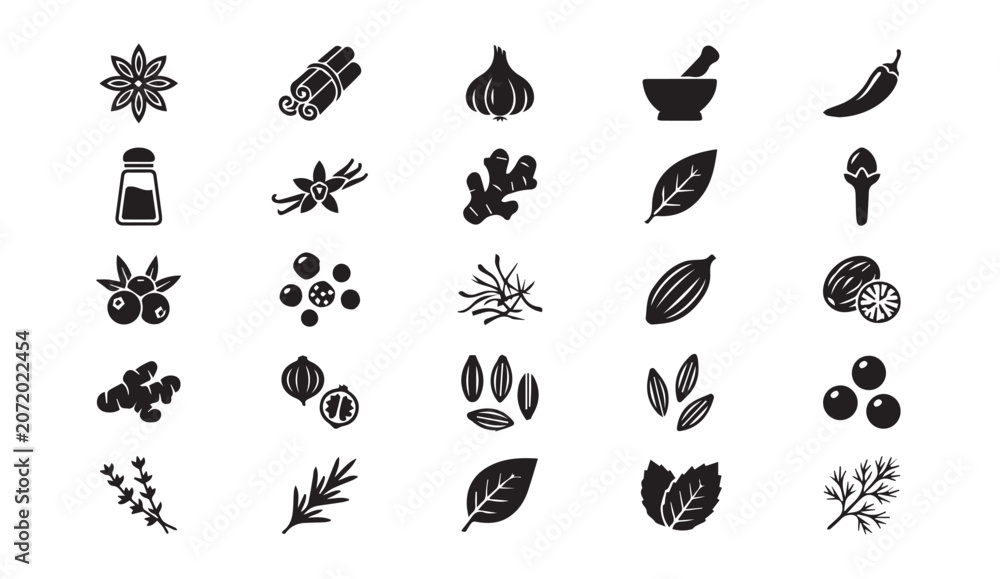Fototapeta premium Set of assorted spice and herb icons in solid black silhouette with ingredient