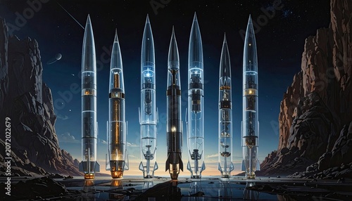 Sleek Rocket Verticals Lined Up on Rocky Shoreline Under Starry Night