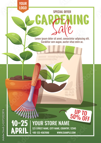 Spring Garden Sale Layout With Terracotta Pot, Gardening Tool, Fertilizer Bag And Discount Badge. Cartoon Design. Flat Illustration For Print Banner, Flyer And Advertisement About Spring Garden Sale