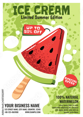 Summer Poster With Watermelon Ice Cream On A Stick In Doodle Style. Flat Vector Illustration For Print Poster, Flyer And Advertisement For Cafe, Beach Bar And Ice Cream Shop
