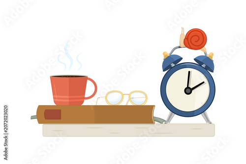 Slow living concept with coffee cup, book, eyeglasses, retro alarm clock and snail on shelf. Mindfulness and time management metaphor with routine items. Morning relaxation, work life balance. Vector