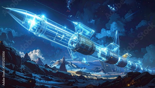Glowing Futuristic Rocket Satellite in Night Polar Landscape