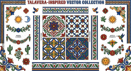 Cuadro en lienzo Mexican Talavera Inspired Vector Collection with Traditional Ceramic Tile Patter