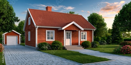 Red brick house with garage and beautiful garden