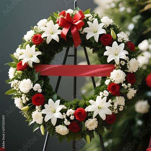 Floral wreath with red roses, white lilies, and green foliage on display  