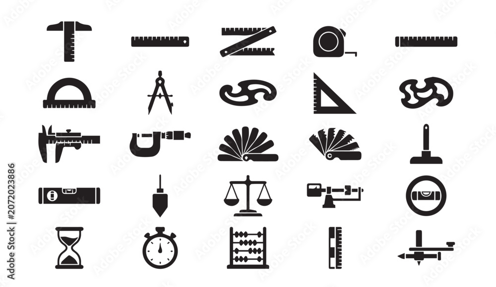 Fototapeta premium Measurement and engineering precision tool icons with measurement, engineering