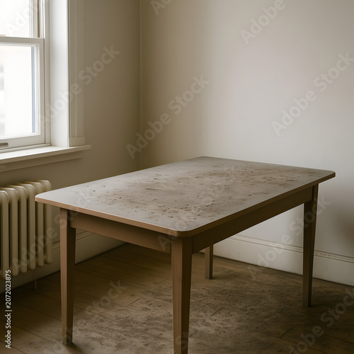 Minimalist wooden table with a natural finish in empty room  
