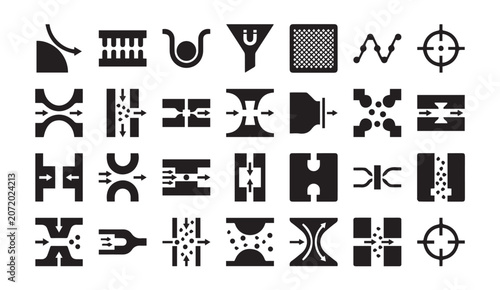 Industrial fluid dynamics and flow control icon set with cross section, dynamics