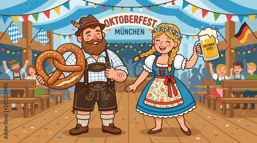 Oktoberfest Celebration with Man in Lederhosen Holding Pretzel and Woman in Dirndl with Beer Mug in Munich Tent