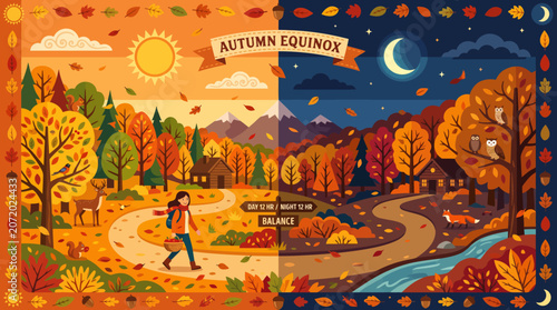 Vibrant autumnal landscape illustrating the beautiful balance between sunlit day and moonlit night, symbolizing the equinox and fall season's colorful charm