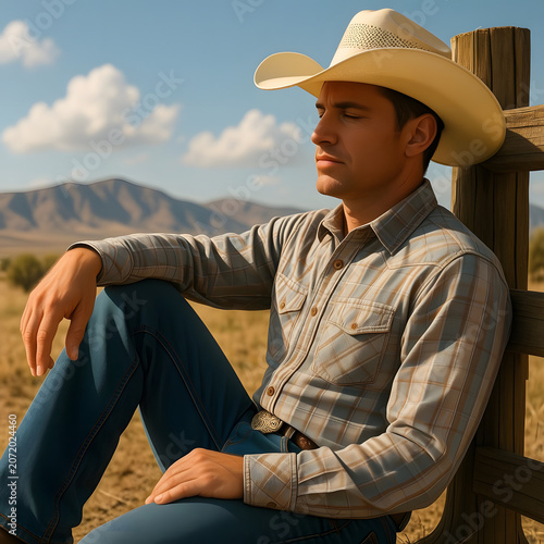 Young man wearing cowboy hat sitting relaxed by wooden fence outdoors  