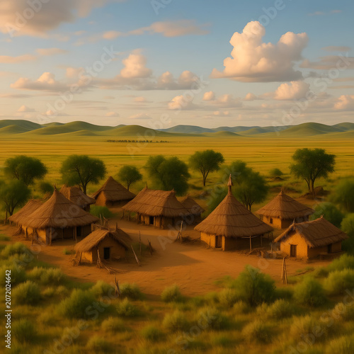 Traditional village with wooden houses in grassy landscape at sunset  