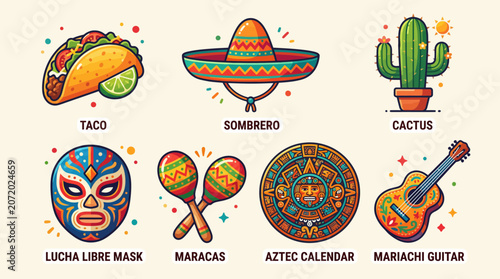 Vibrant Mexican Cultural Icon Collection Featuring Sombrero Cactus Taco And Traditional Elements For Festive Graphic Design Projects