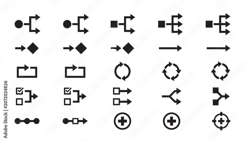 Fototapeta premium Set of black and white flow chart and process network connection icons
