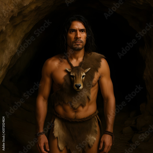 Man wearing animal skin standing in dark cave environment  