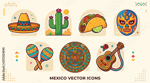 Colorful collection of traditional Mexican cultural icons featuring a sombrero taco cactus and guitar for festive celebrations