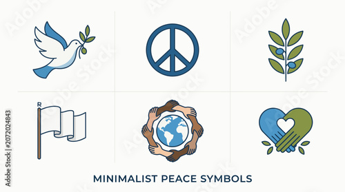 Flat vector icon collection representing universal harmony, anti-war symbols, and global unity featuring a dove, olive branch, and heart icons
