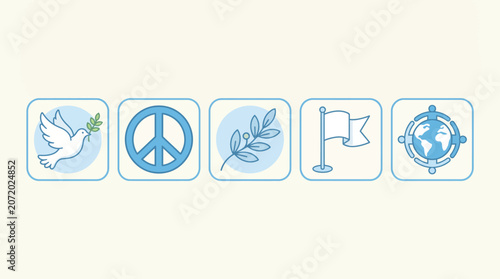 Blue peace and global unity icon set featuring dove peace sign olive branch flag and world symbol for international harmony concept