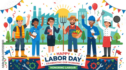 Happy Labor Day Illustration Celebrating Diverse Workers and Professional Careers Across Different Industries