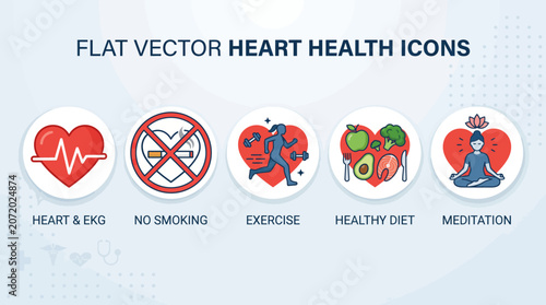 Medical wellness icons depicting cardiovascular health habits like regular exercise, balanced nutrition, meditation, and smoking cessation routines