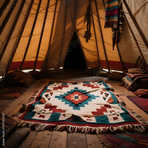Cozy interior of a traditional teepee with a colorful rug