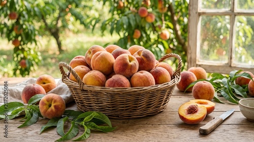 Freshly harvested peaches in a rustic woven basket on wooden table outdoors.