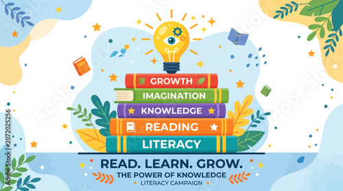Educational Literacy Campaign Illustration Featuring a Stack of Knowledge Books and a Creative Light Bulb Idea