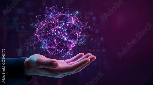 Artificial intelligence neural network glowing in human hand, digital brain concept with purple light, futuristic data science and machine learning visualization