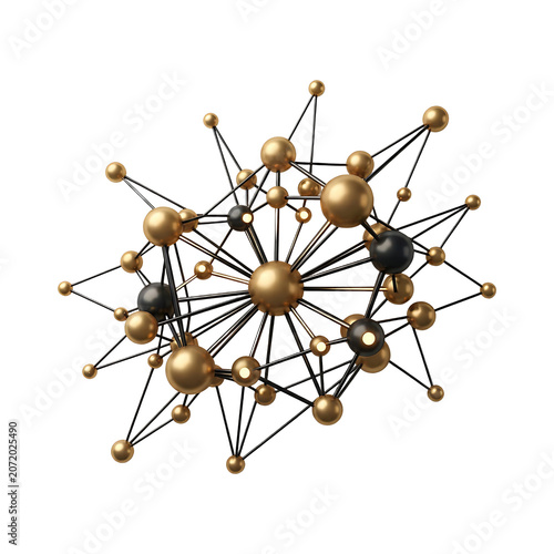 Abstract 3D Golden and Black Molecular Network Structure Isolated on White Background for Technology Concept