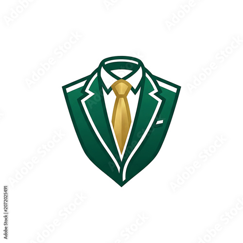 Elegant Green Business Suit and Gold Necktie Illustration in a Shield Shape, Professional Corporate Logo Emblem
