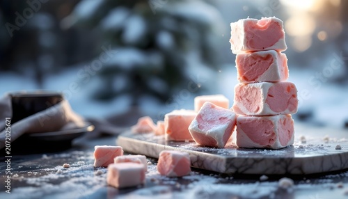 Gourmet marshmallows stacked artistically, pastel dessert branding