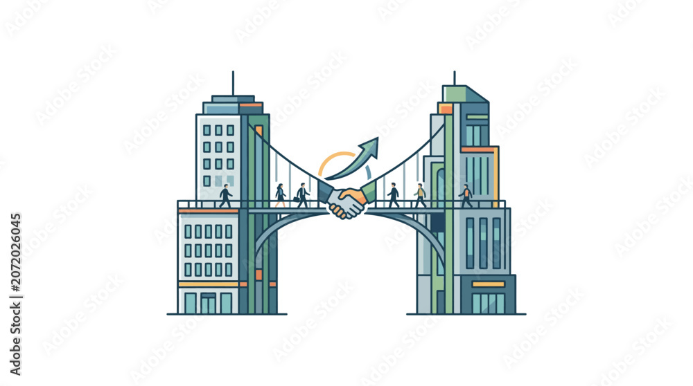 Fototapeta premium Business partnership metaphor showing handshake between skyscraper bridges.