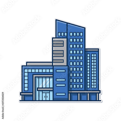 Modern Blue Corporate Office Building Illustration in Flat Sticker Style Isolated on White Background
